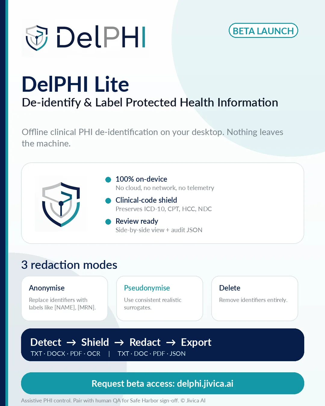 DelPHI Lite — the offline, on-device edition that de-identifies clinical PHI without anything leaving your machine.