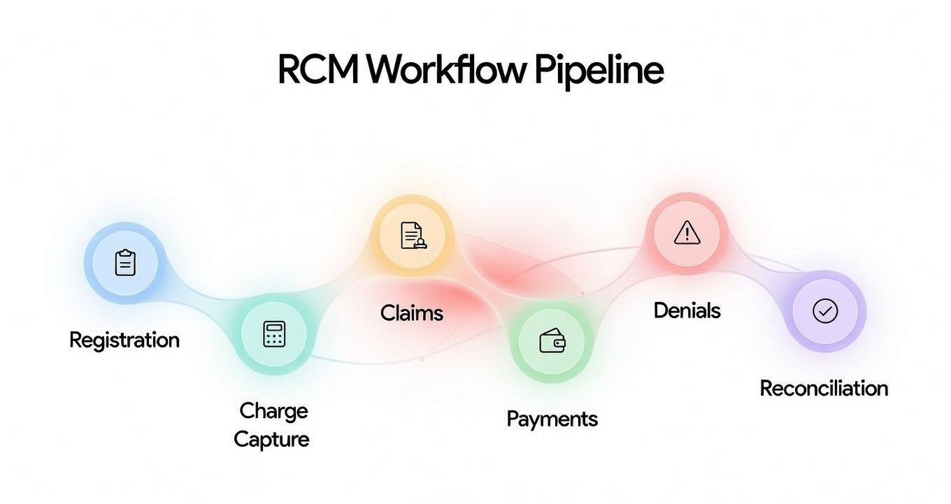 RCM workflow pipeline — six-stage revenue cycle orchestrated by AI